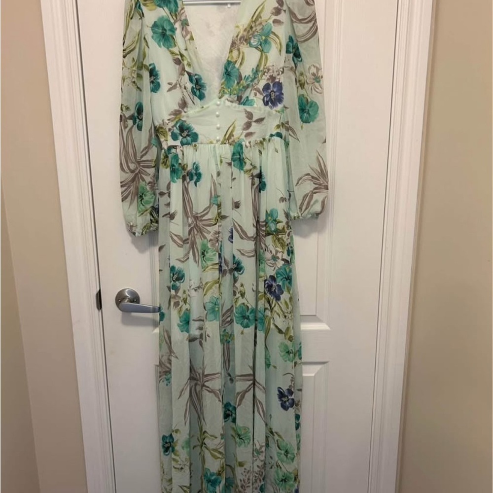Floral V-Neck Maxi Dress - Green and Blue